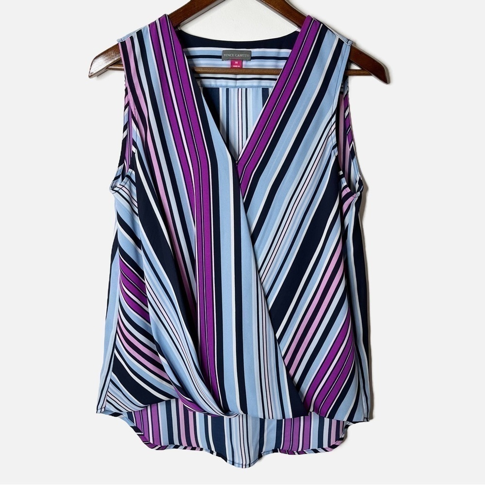 Vince Camuto Blouse Sleeveless Wrap Front Striped Blue & Purple Tank Top Size XS